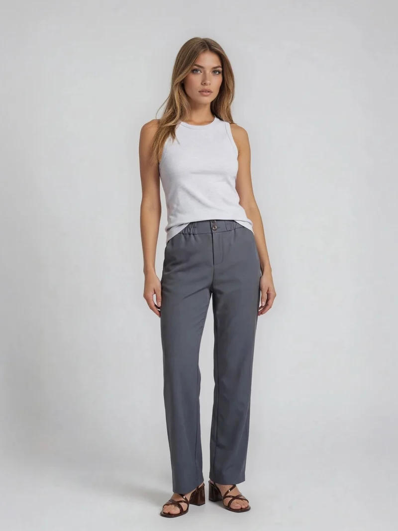 ONLY M - Stoffhose mit elastischen Gummizug, Straight Leg, High Waist, Grey