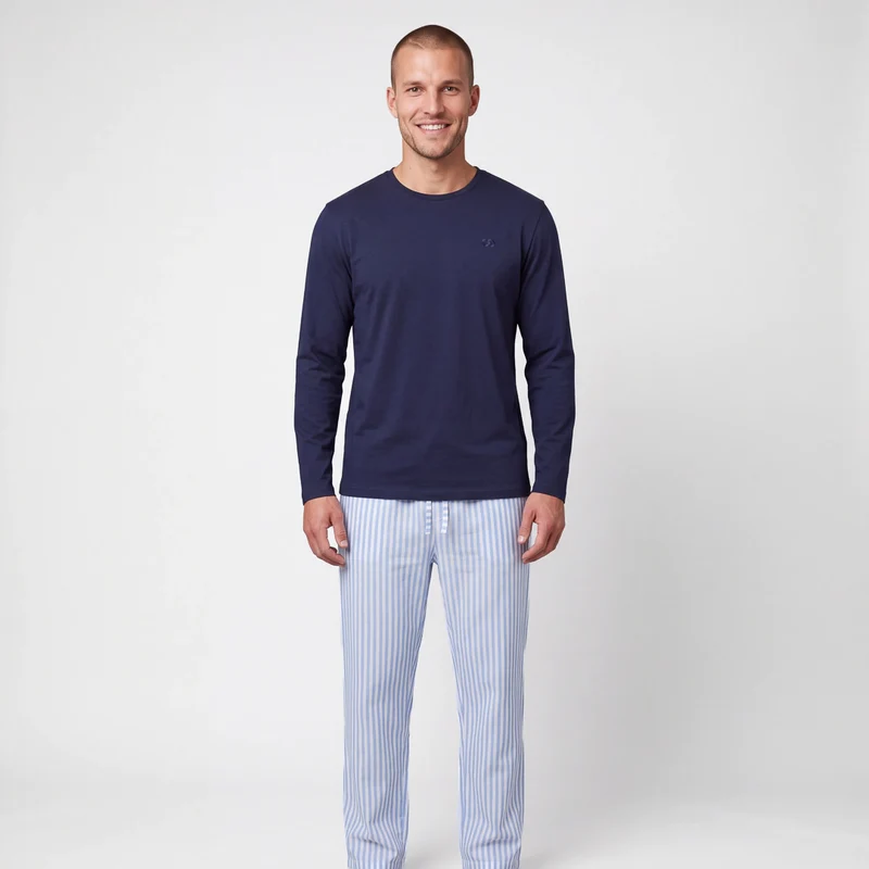 Schlafanzug Set Gestreift Herren Lang | Blue Breeze/Weiß