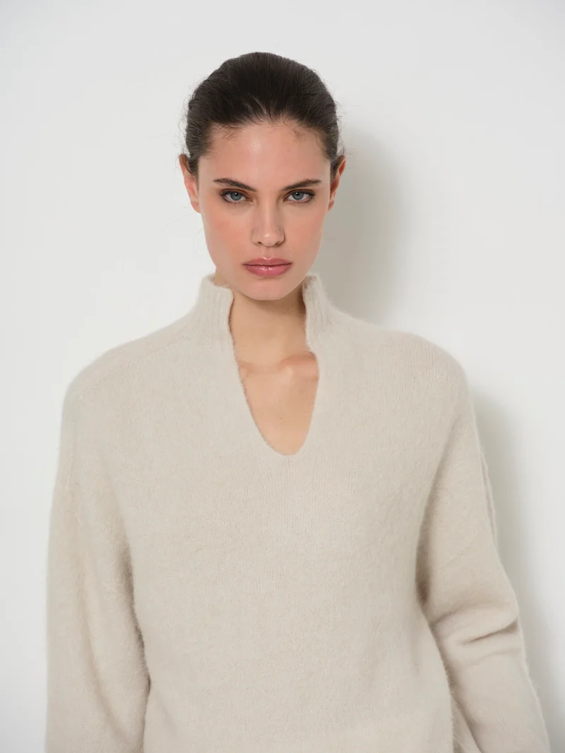 Raised V-Neck Alpaca Sweater