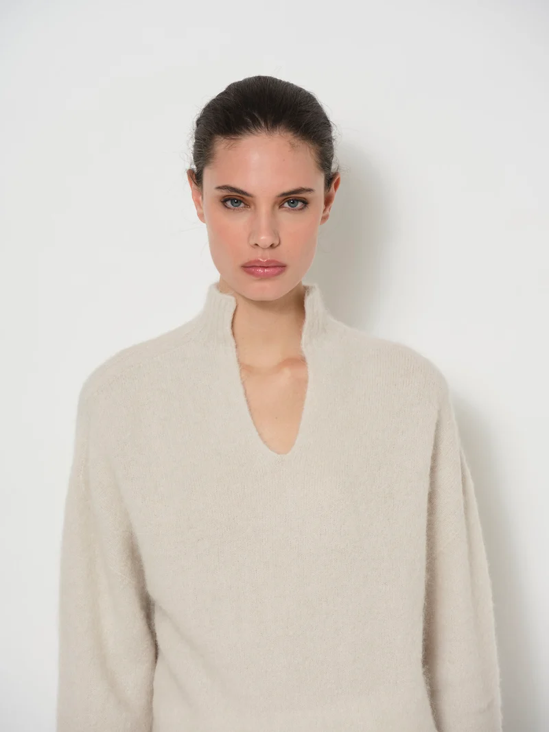 Raised V-Neck Alpaca Sweater