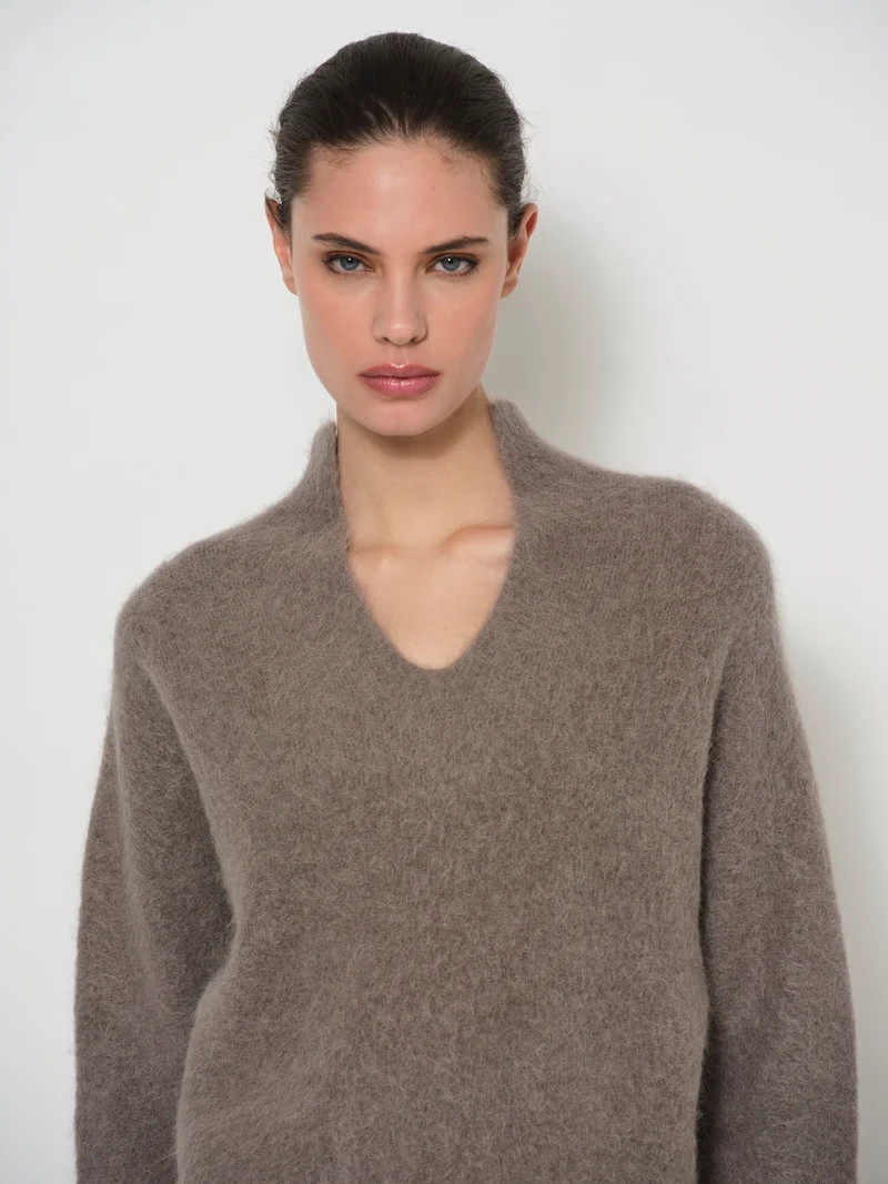 Raised V-Neck Alpaca Sweater