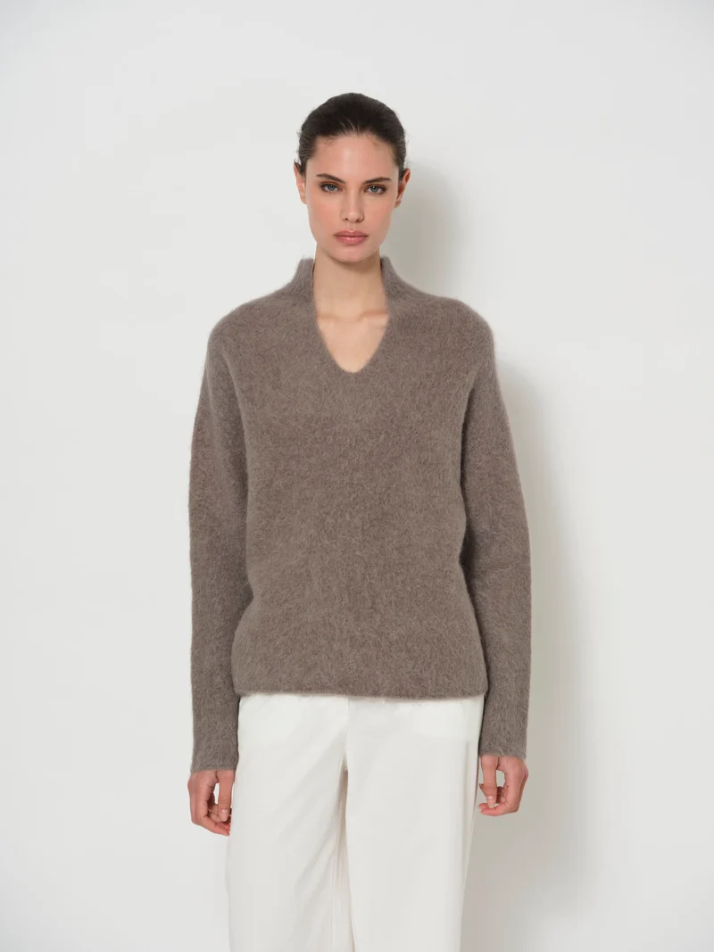 Raised V-Neck Alpaca Sweater