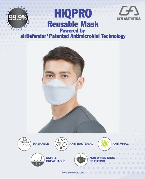 HiQPRO Reusable Mask Powered by airDefender Patented Antimicrobial Technology with printing