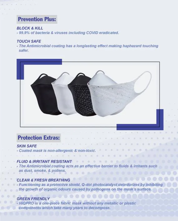HiQPRO Reusable Mask Powered by airDefender Patented Antimicrobial Technology in Solid Color