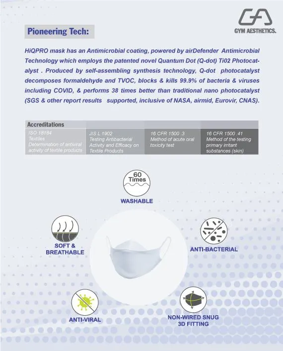 HiQPRO Reusable Mask Powered by airDefender Patented Antimicrobial Technology in Solid Color