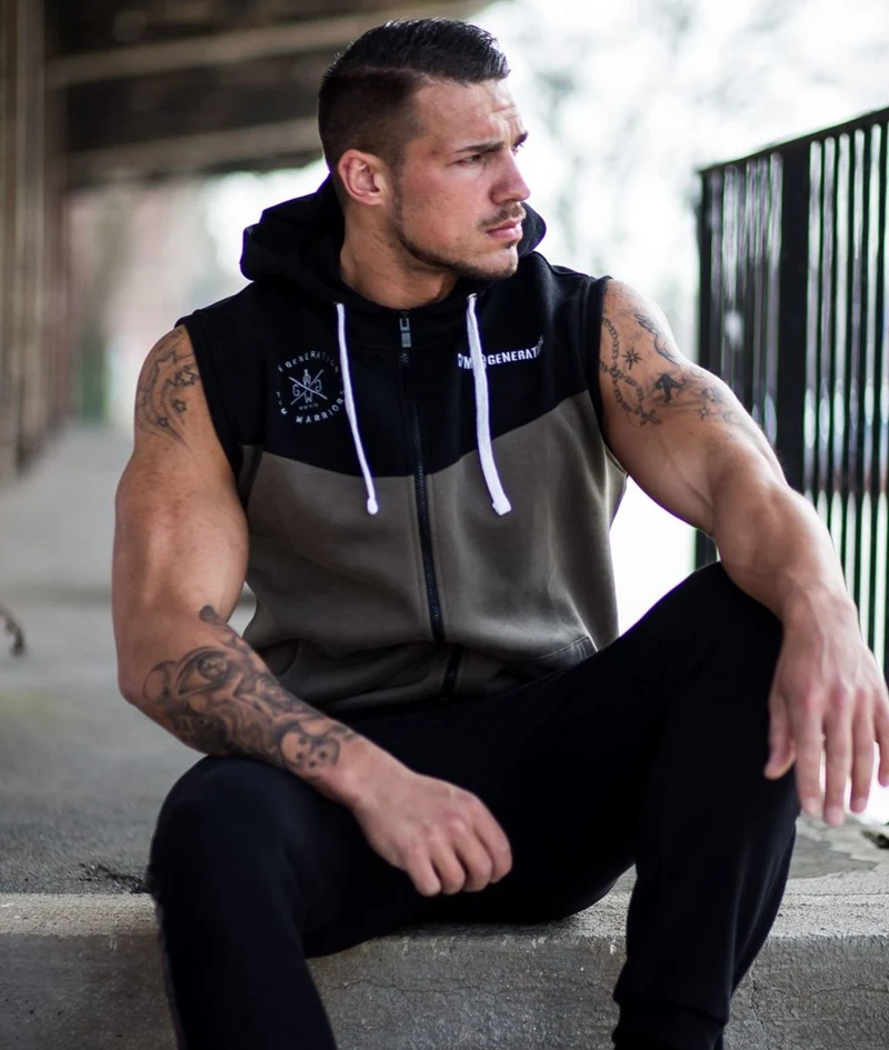 Gym Hoodie ohne Ärmel - Olive
