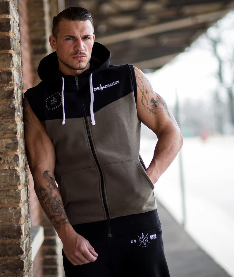 Gym Hoodie ohne Ärmel - Olive