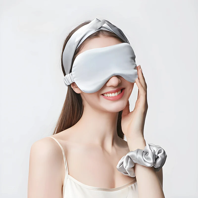 Luxuriöses Set aus 100% Maulbeer-Seidenschlafmaske, Haargummi und Haarband