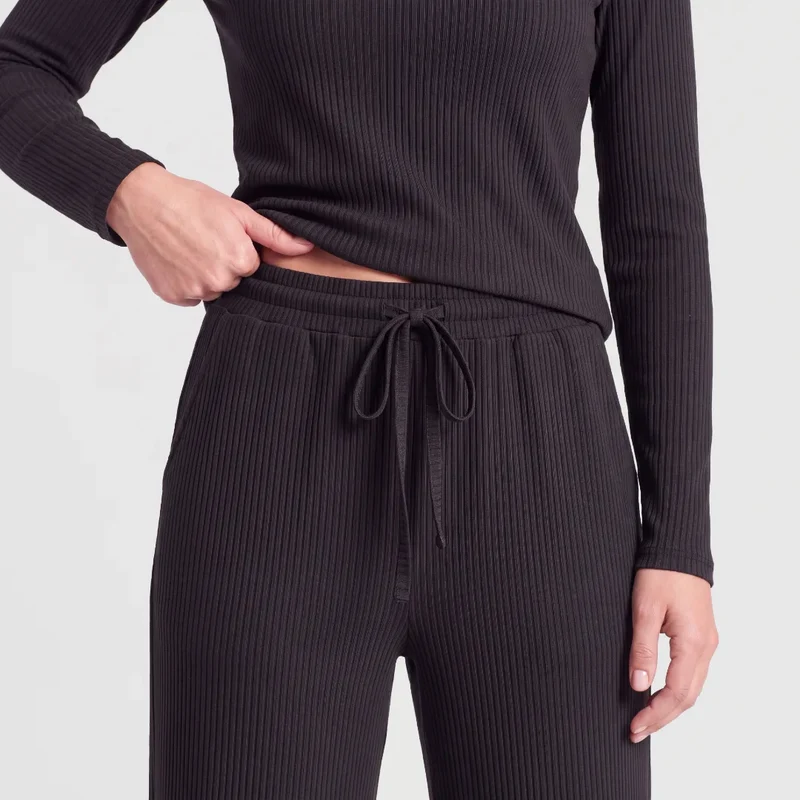 Loungehose Damen Rippstruktur | Schwarz