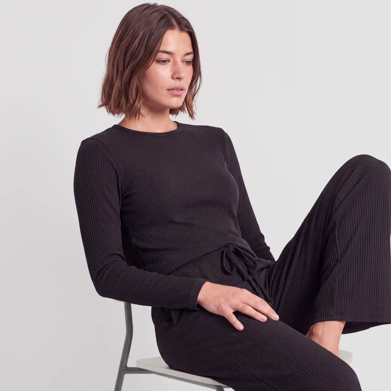 Loungehose Damen Rippstruktur | Schwarz