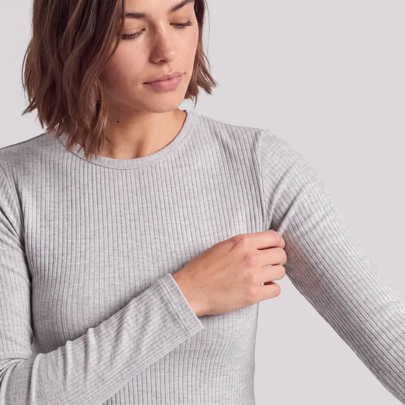 Langarmshirt Damen Rippstruktur | Hellgrau Meliert
