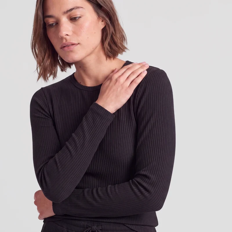 Langarmshirt Damen Rippstruktur | Schwarz