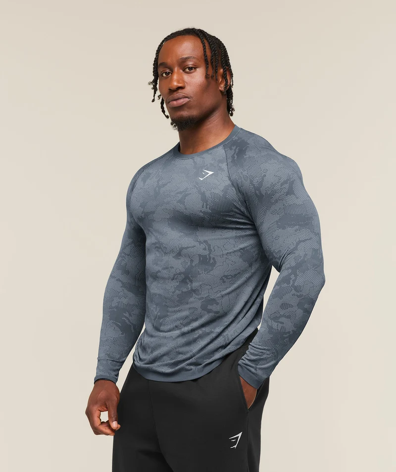 Gymshark Geo Seamless Long Sleeve T-Shirt - Shadow Blue/Tranquil Blue