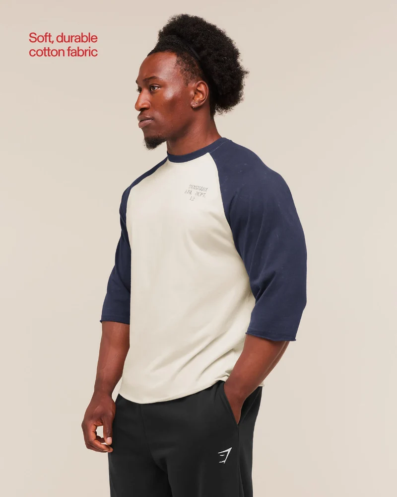 Gymshark Retro Collegiate 3/4 Sleeve T-Shirt - Tinted White/Heavy Blue