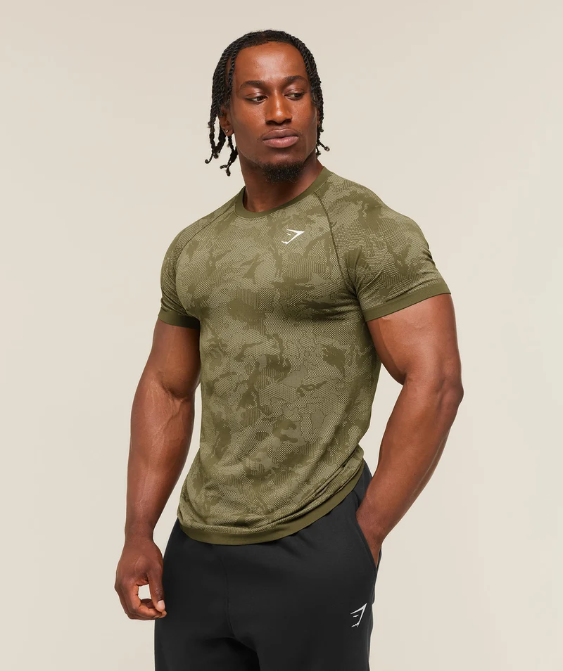 Gymshark Geo Seamless T-Shirt - Canvas Green/Chalk Beige