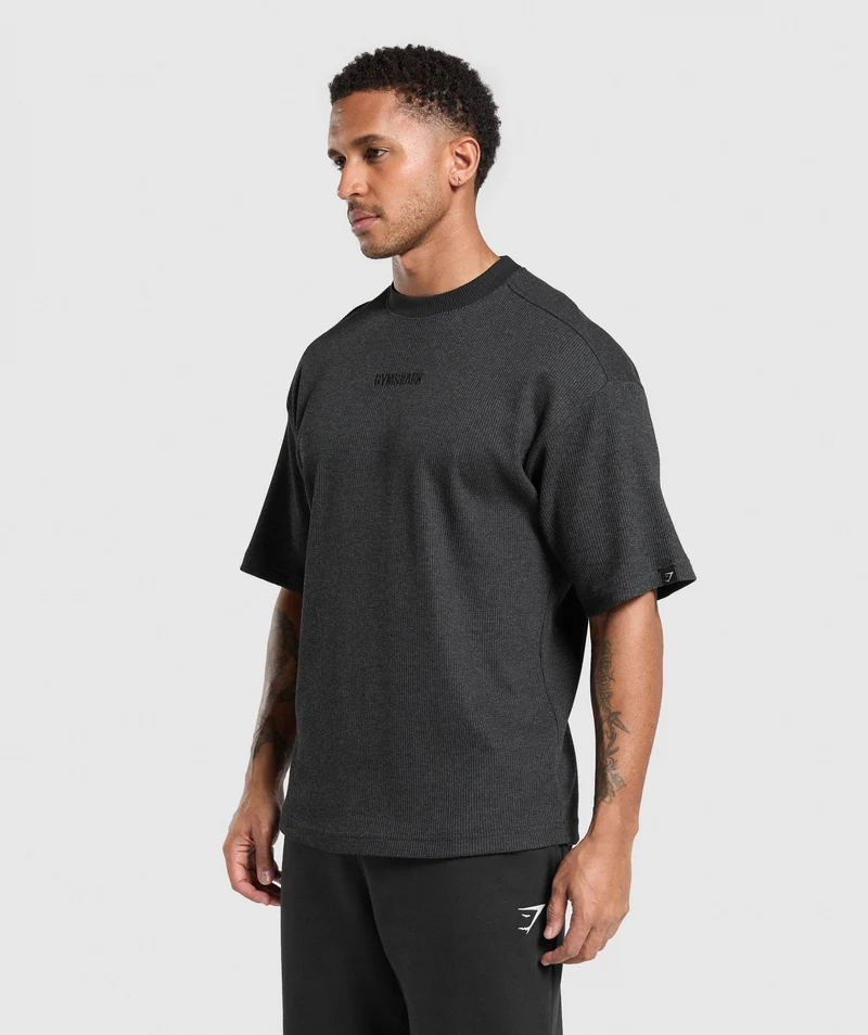 Gymshark Waffle Oversized T-Shirt - Black/Cotton Part Dye