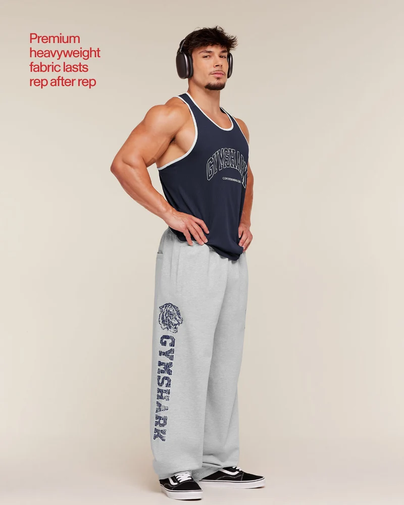 Gymshark Retro Collegiate Graphic Wide Leg Pants - Soft Grey Marl