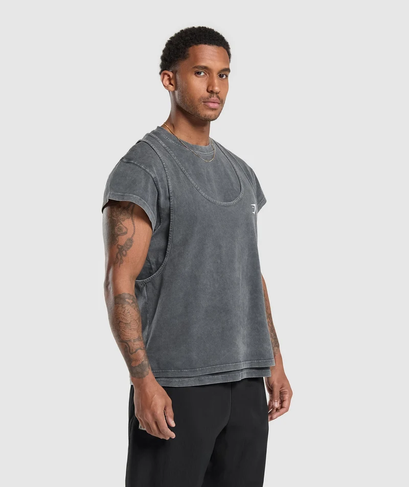 Gymshark Washed Double Layer T-Shirt - Black/Stone Acid Wash