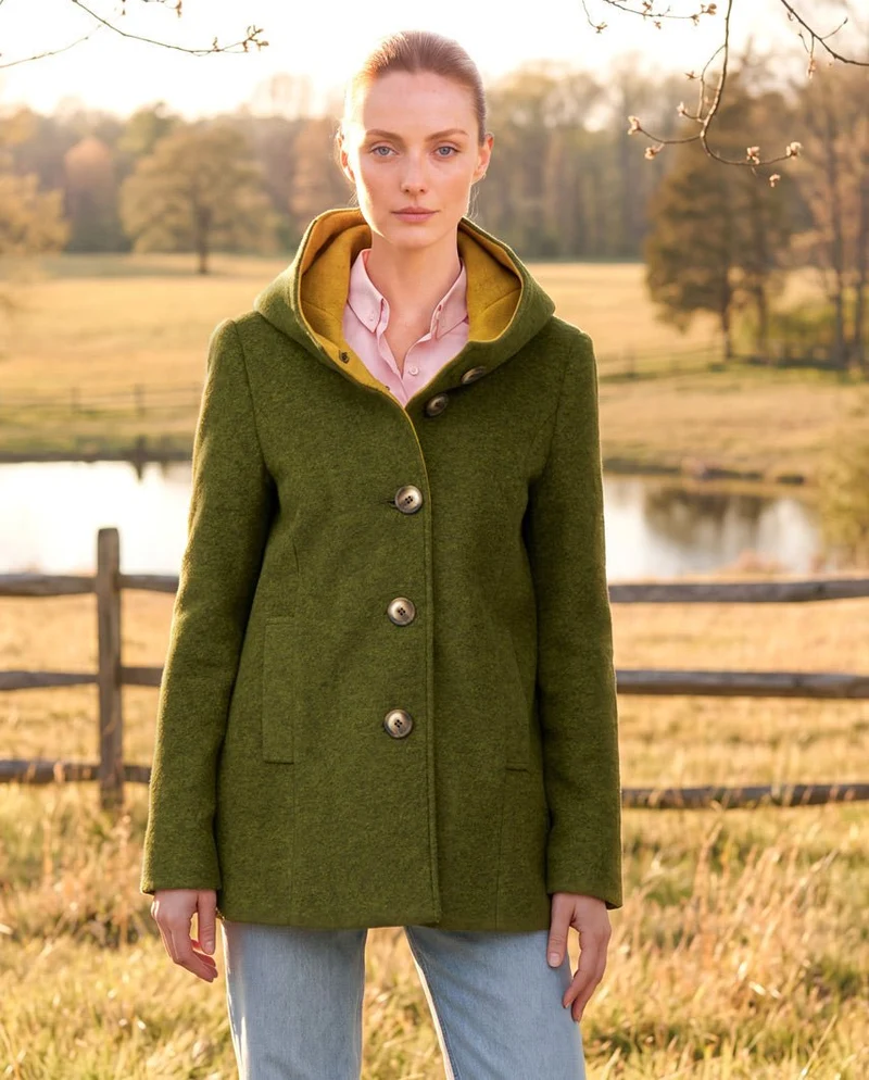Damen-Walkmantel "Cosy Sarah" aus gekochter Wolle in Moss Green