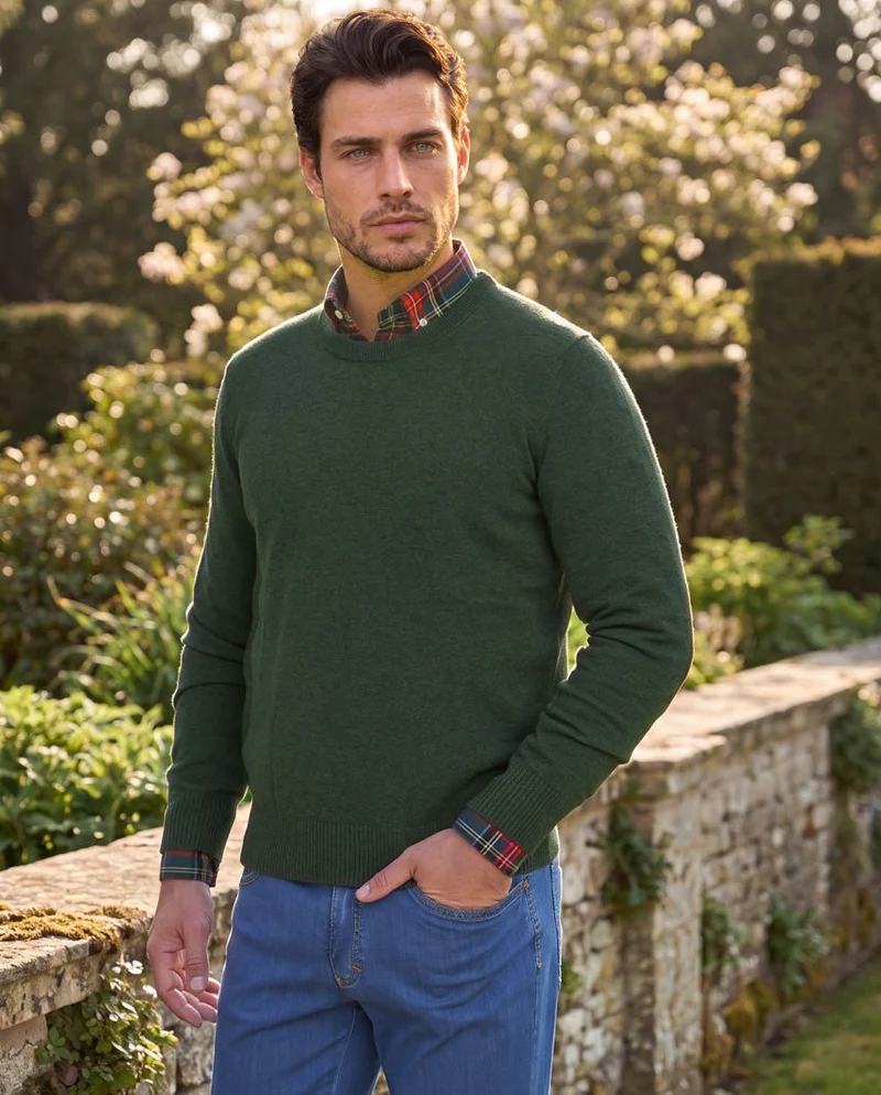 Merino-Lambswool Herrenpullover "Jordan" in forrest green – mit Harris-Tweed-Details