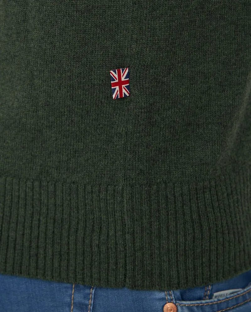 Merino-Lambswool Herrenpullover "Jordan" in forrest green – mit Harris-Tweed-Details