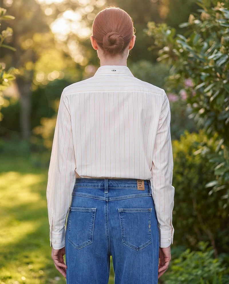 Damenbluse ,,Stella'' aus Baumwoll-Seide – Beige Rose Blue Stripe