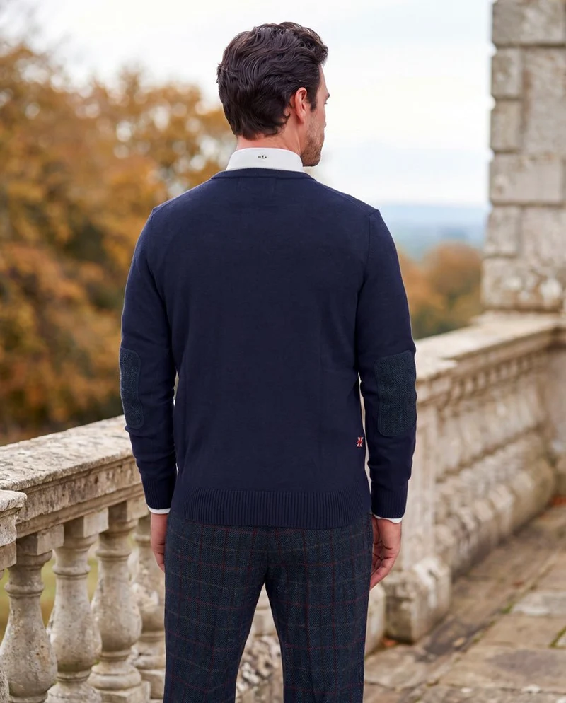 Merino-Lambswool Herrenpullover "Jordan" in navy – mit Harris-Tweed-Details