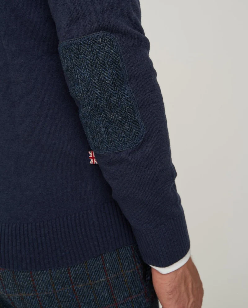 Merino-Lambswool Herrenpullover "Jordan" in navy – mit Harris-Tweed-Details