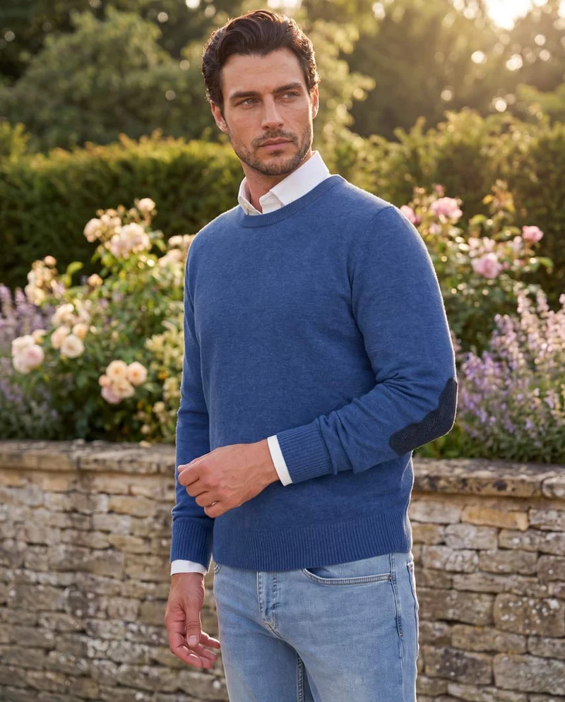 Merino-Lambswool Herrenpullover "Jordan" in denim blue – mit Harris-Tweed-Details