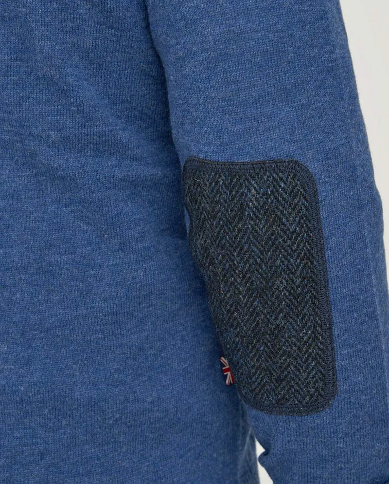 Merino-Lambswool Herrenpullover "Jordan" in denim blue – mit Harris-Tweed-Details