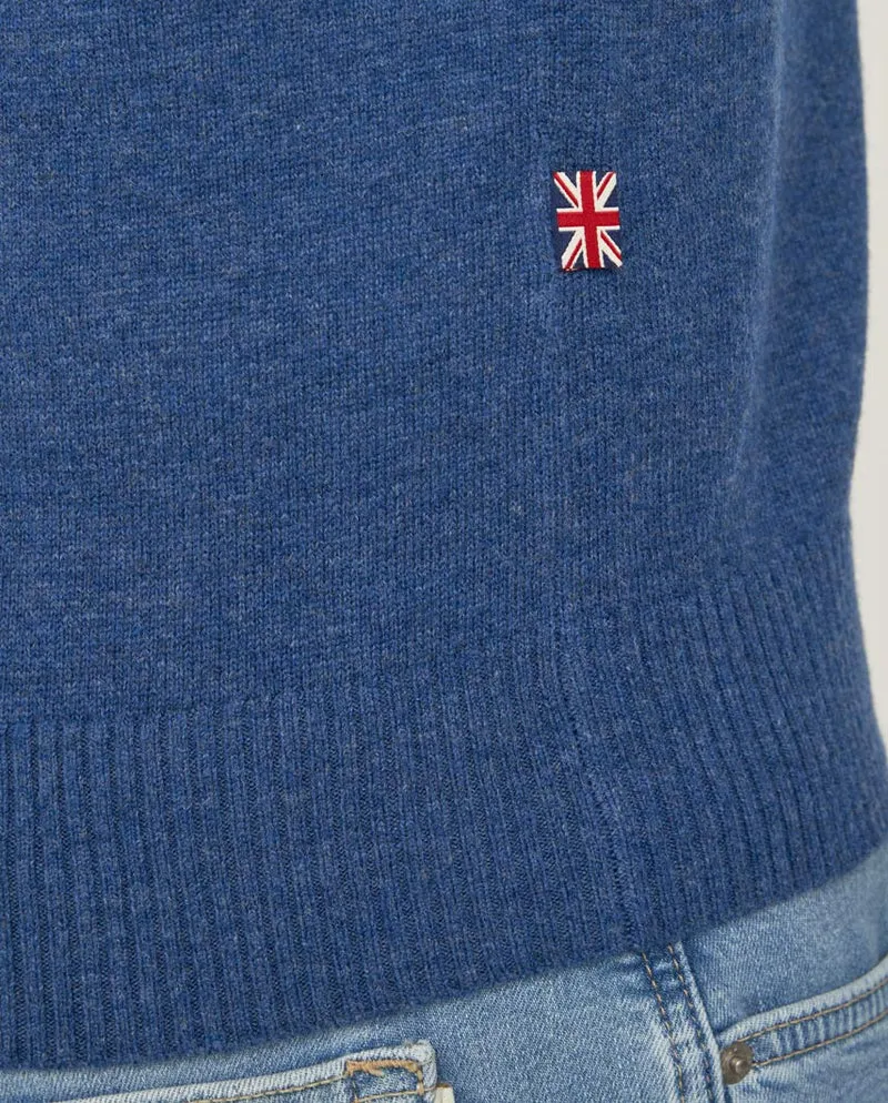 Merino-Lambswool Herrenpullover "Jordan" in denim blue – mit Harris-Tweed-Details
