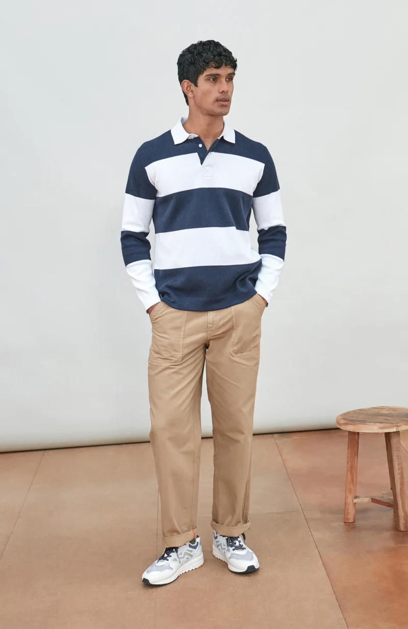Mens Midweight Cotton Textured Hoops Rugby Shirt