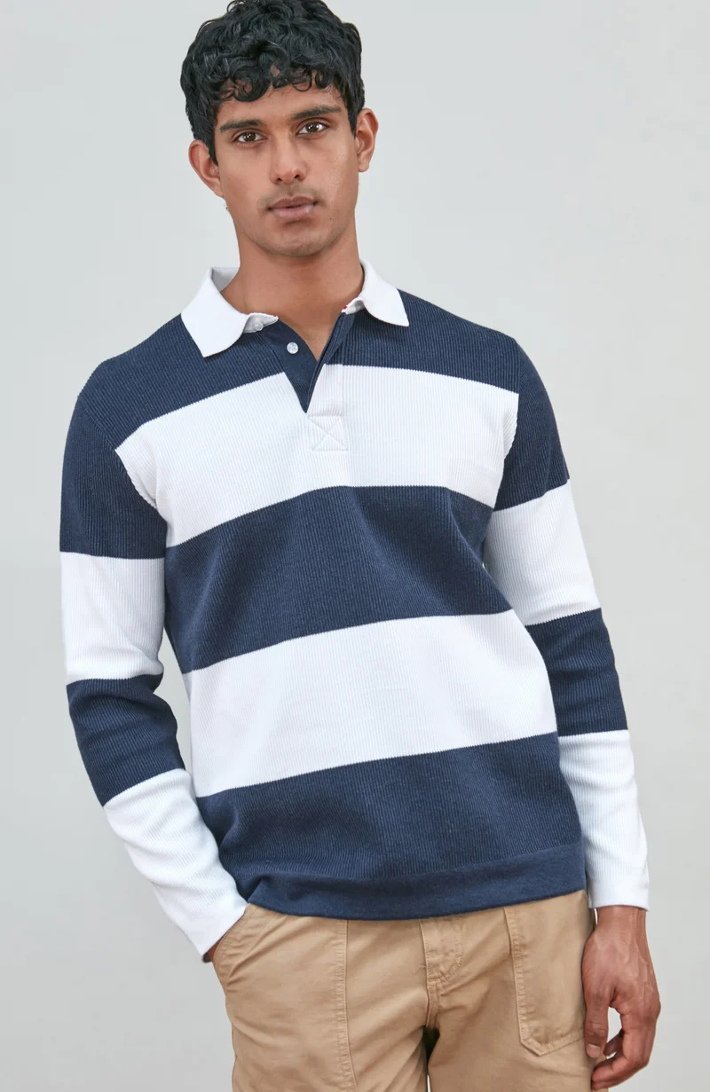 Mens Midweight Cotton Textured Hoops Rugby Shirt
