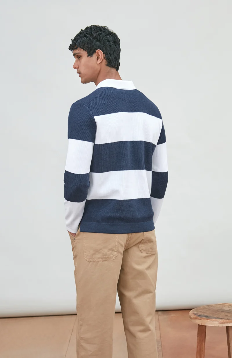 Mens Midweight Cotton Textured Hoops Rugby Shirt