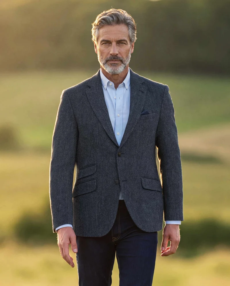 Harris Tweed Sakko "London" in seastone navy Herringbone