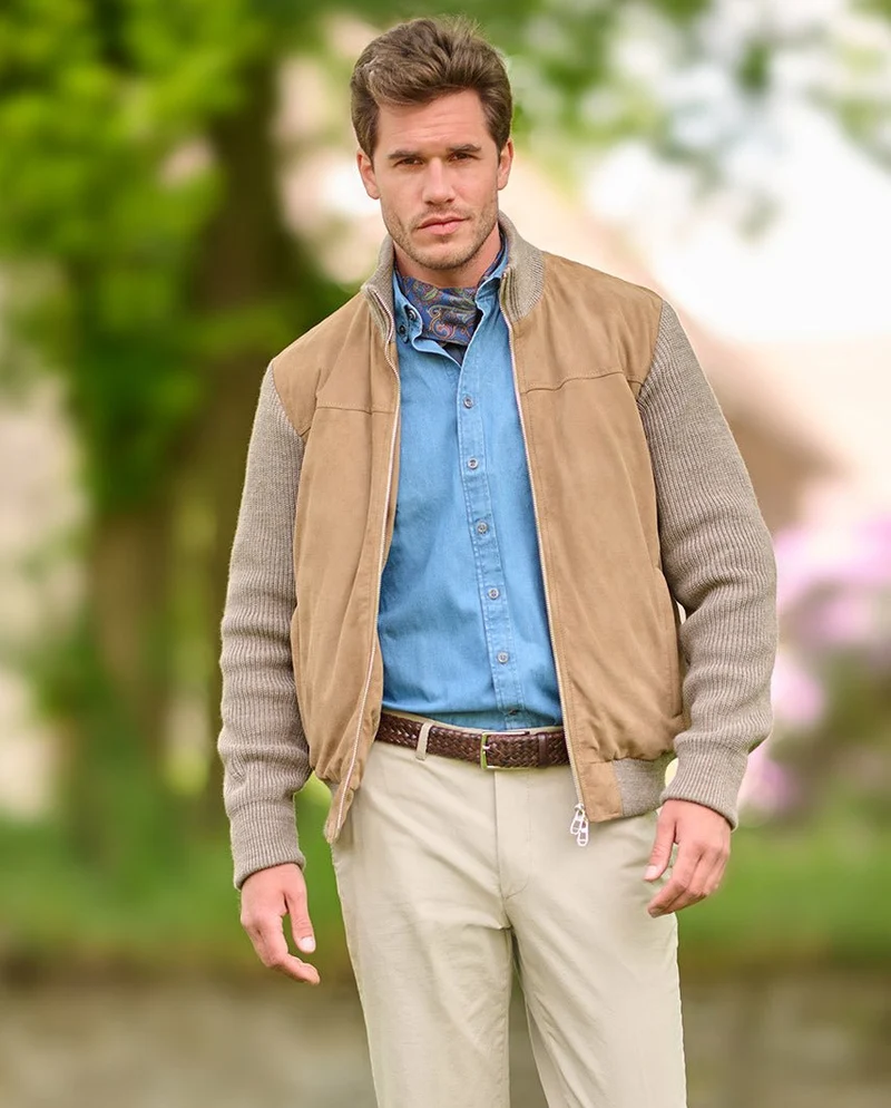 Herren Lederjacke "Nicolas" aus Ziegenvelours & Strick in Sand