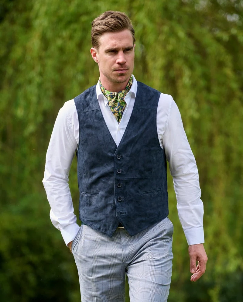 Herren Lederweste "Tailor" aus super softem Ziegenvelours in denim blue