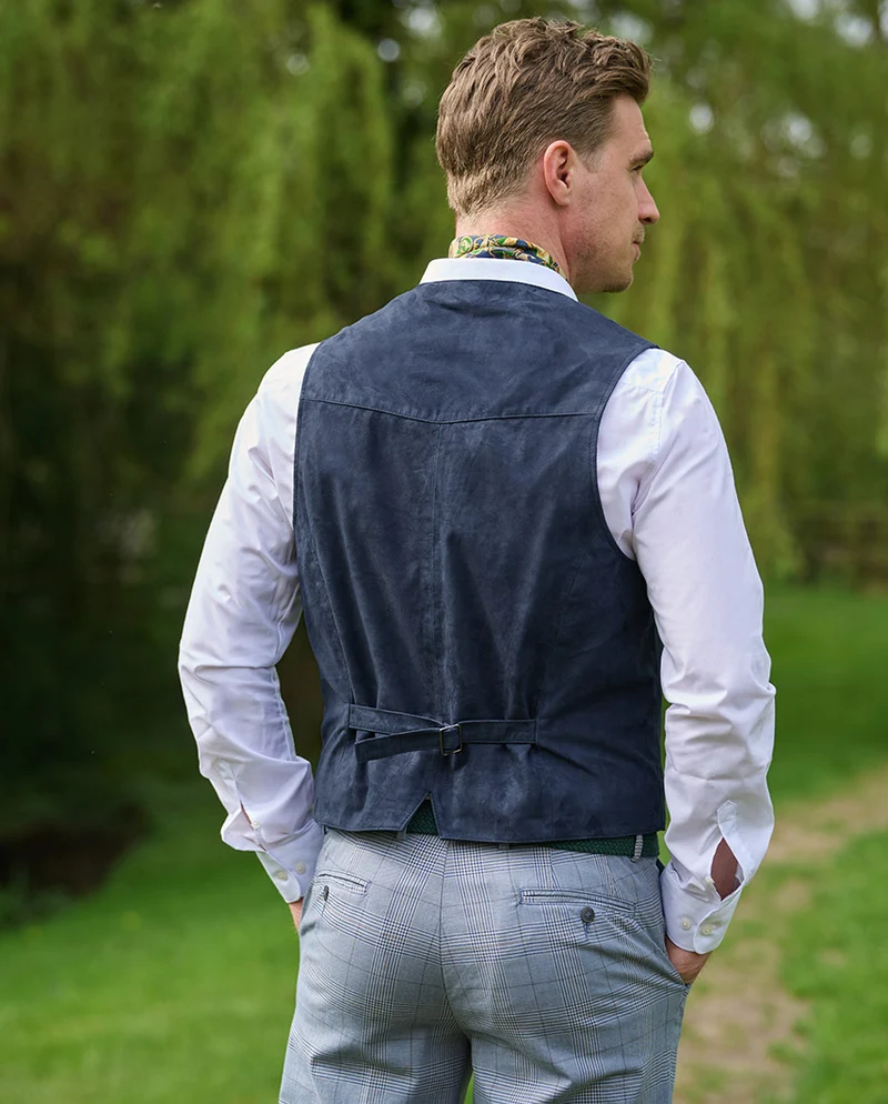 Herren Lederweste "Tailor" aus super softem Ziegenvelours in denim blue