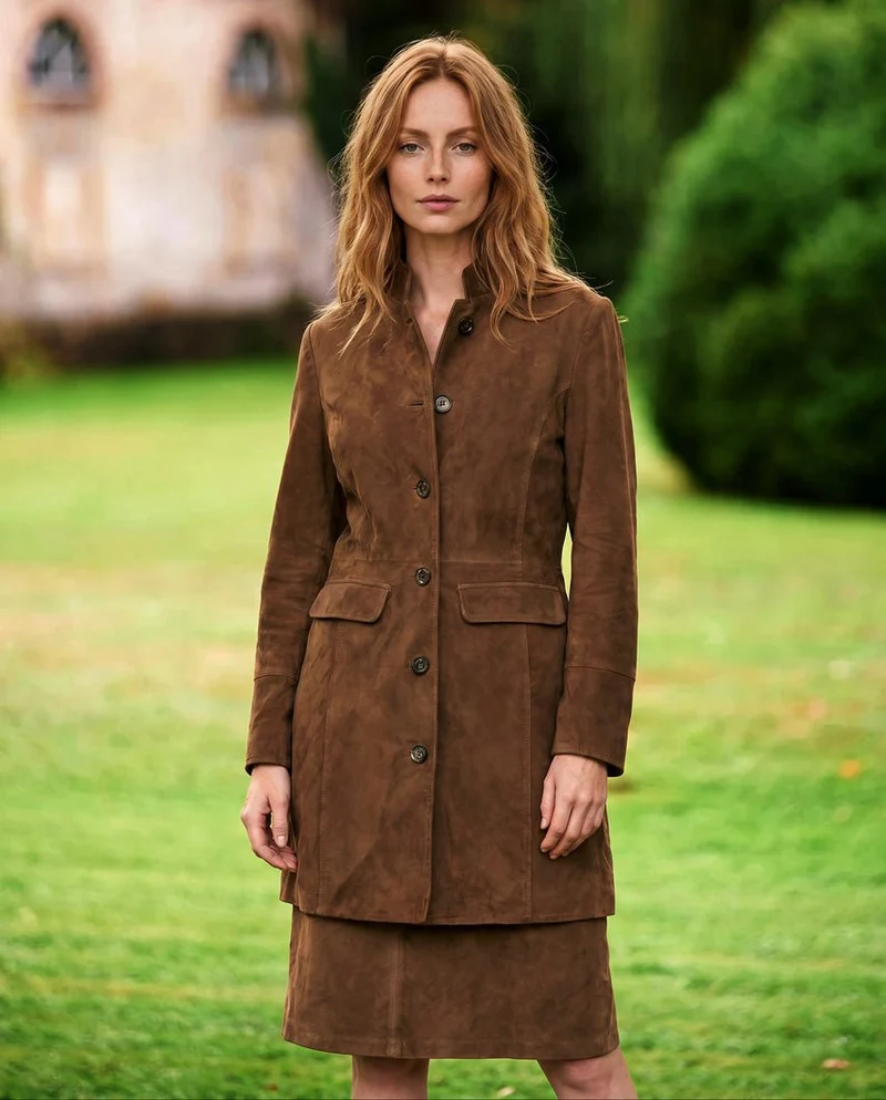 Damen Ledermantel "Annie Gehrock" aus Ziegen-Veloursleder in mud