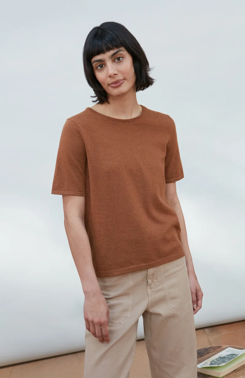 Womens Ultra Fine Cotton Crew Neck Knitted T-Shirt
