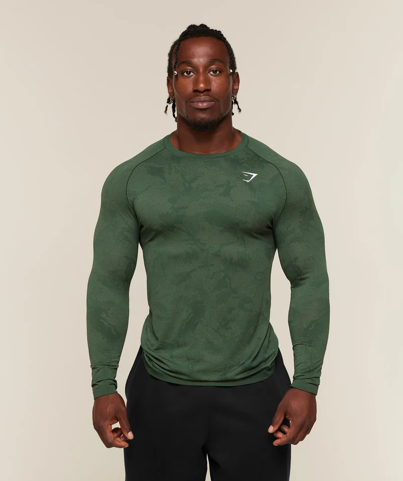 Gymshark Geo Seamless Long Sleeve T-Shirt - Earth Green/Force Green