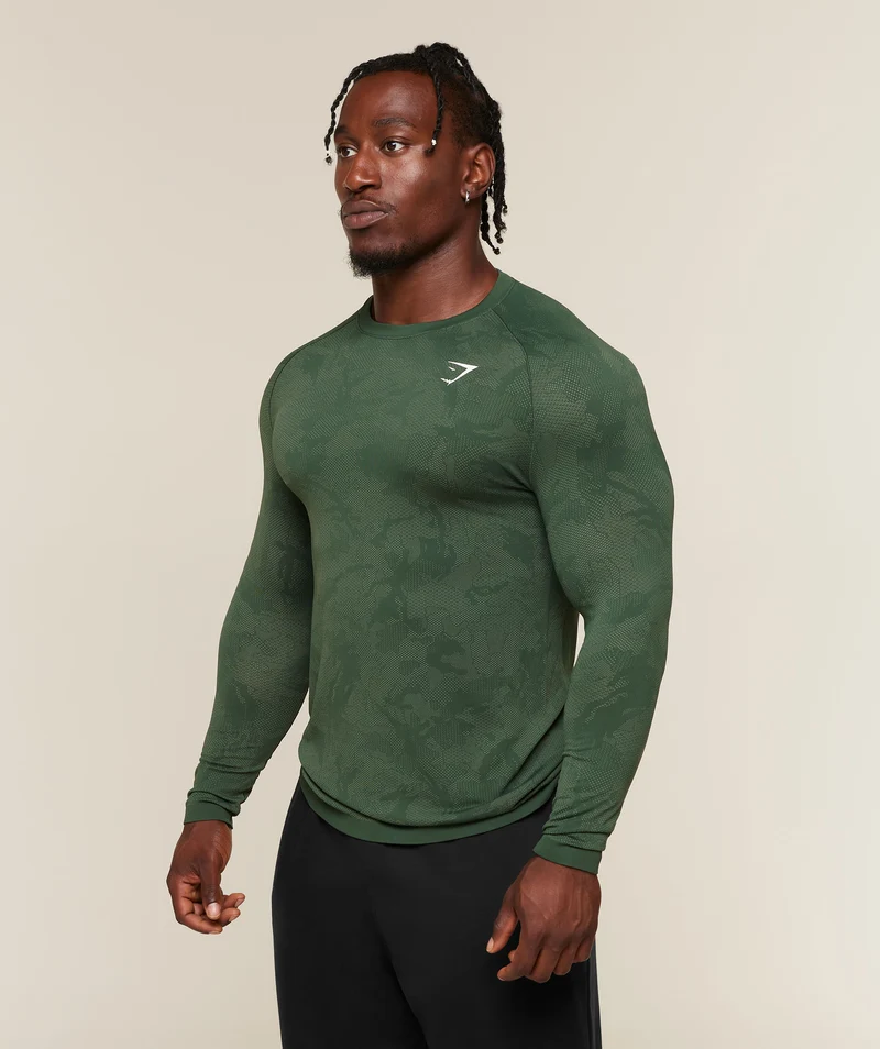 Gymshark Geo Seamless Long Sleeve T-Shirt - Earth Green/Force Green