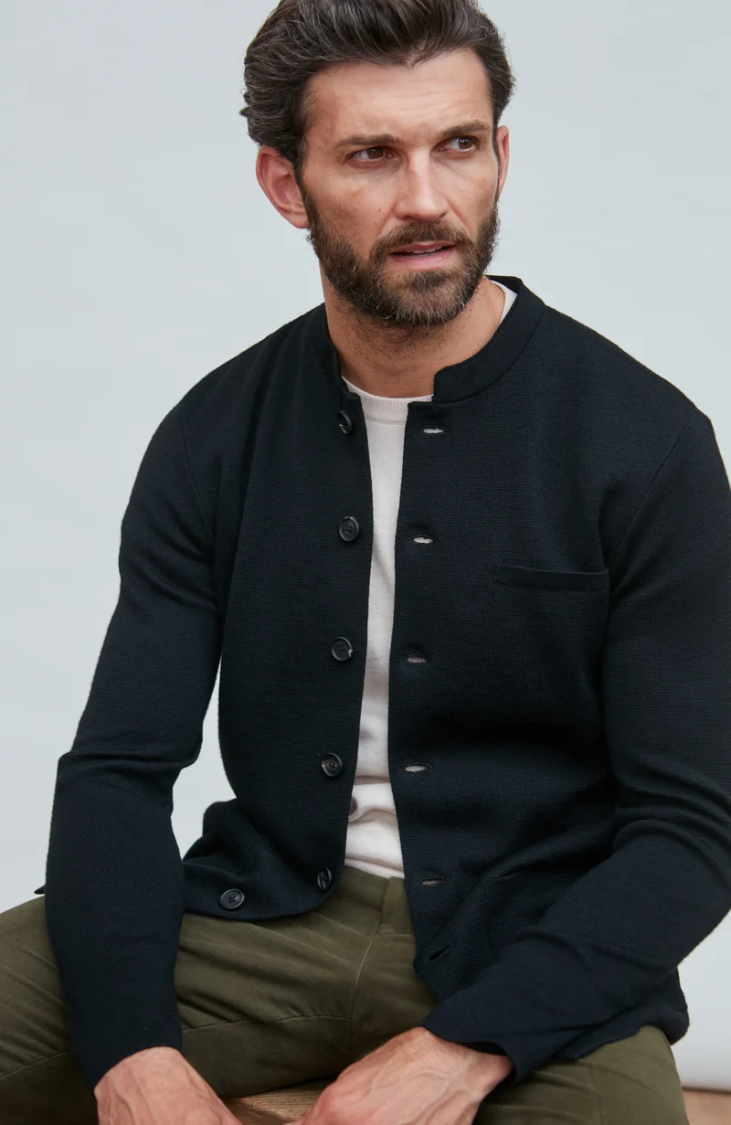 Mens Extra Fine Merino Wool Knitted Nehru Jacket