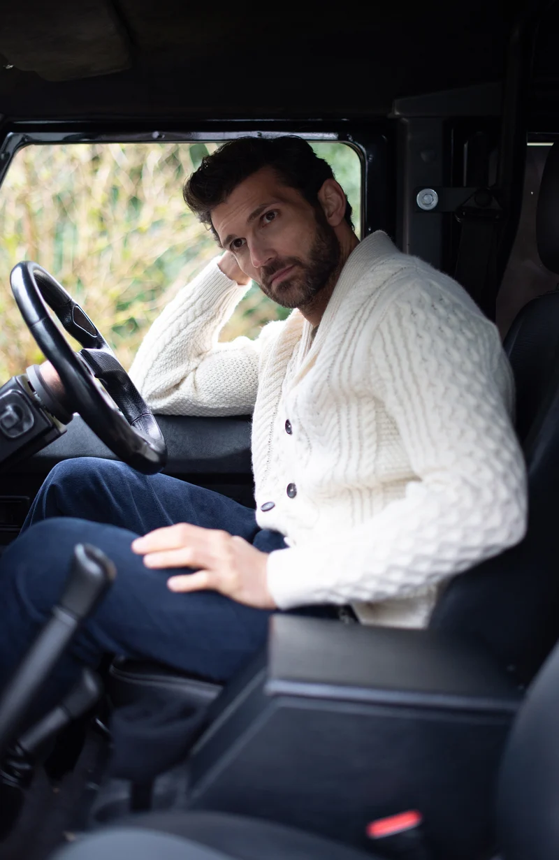 Mens Chunky Merino Wool Shawl Collar Cable Cardigan