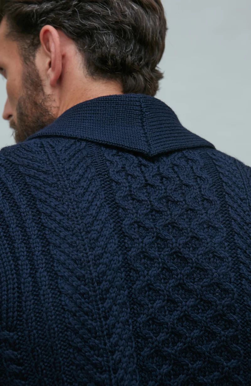 Mens Chunky Merino Wool Shawl Collar Cable Cardigan