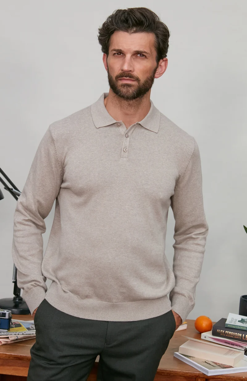 Langärmliges Strick-Poloshirt für Herren aus 100 % Baumwolle