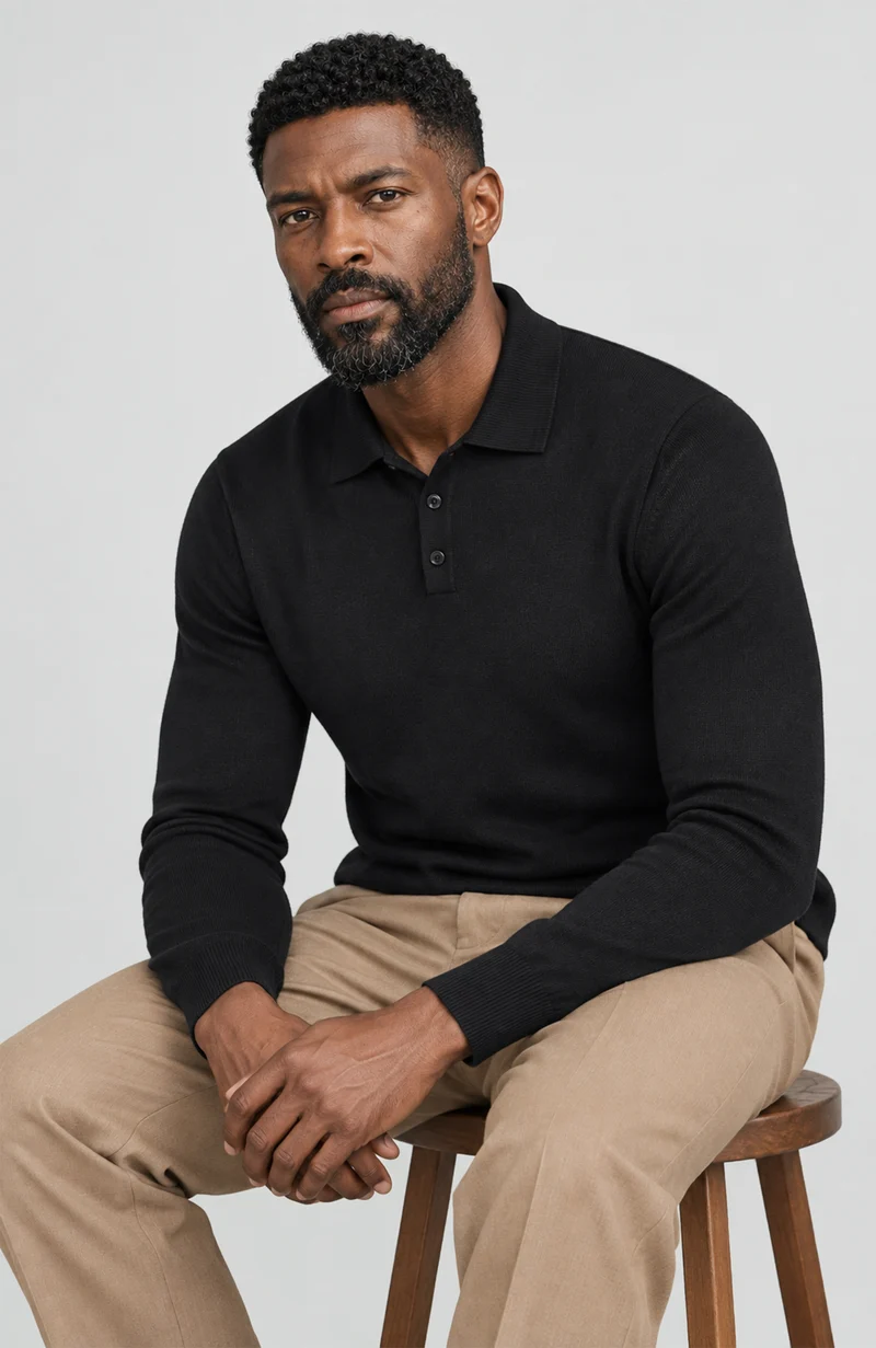 Langärmliges Strick-Poloshirt für Herren aus 100 % Baumwolle