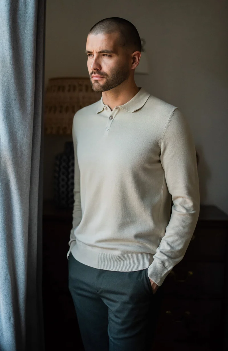 Langärmliges Strick-Poloshirt für Herren aus 100 % Baumwolle