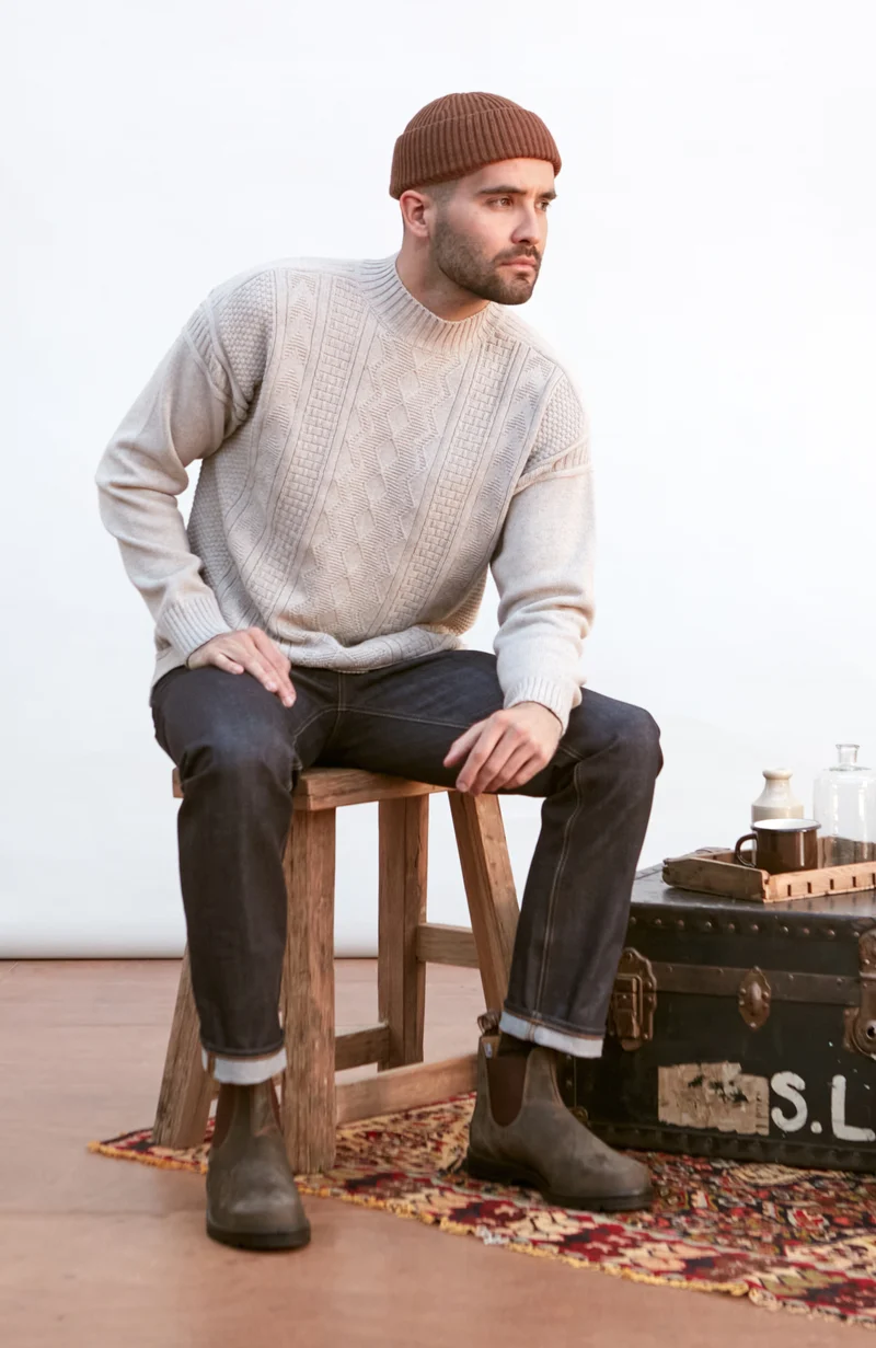 Mens Midweight Cotton Mock Neck Gansey Jumper