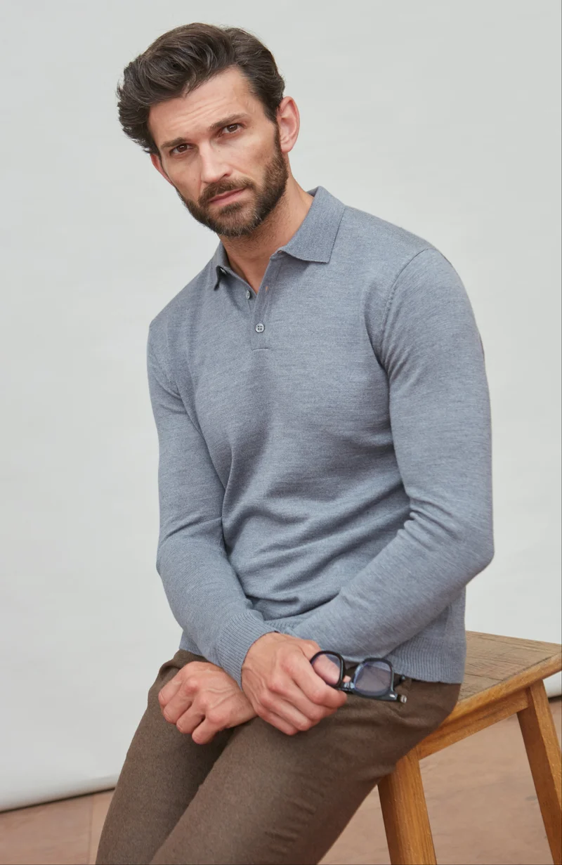 Langarm-Poloshirt aus extrafeiner Merinowolle für Herren